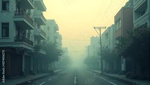 Misty urban street at dawn with arthouse aesthetic and architecture photo