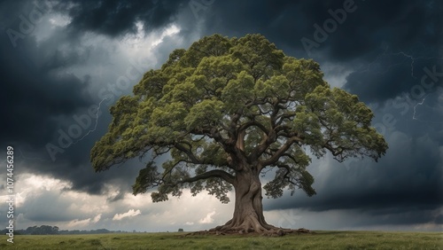  tenacious oak tree erect in the face of a stormy sky