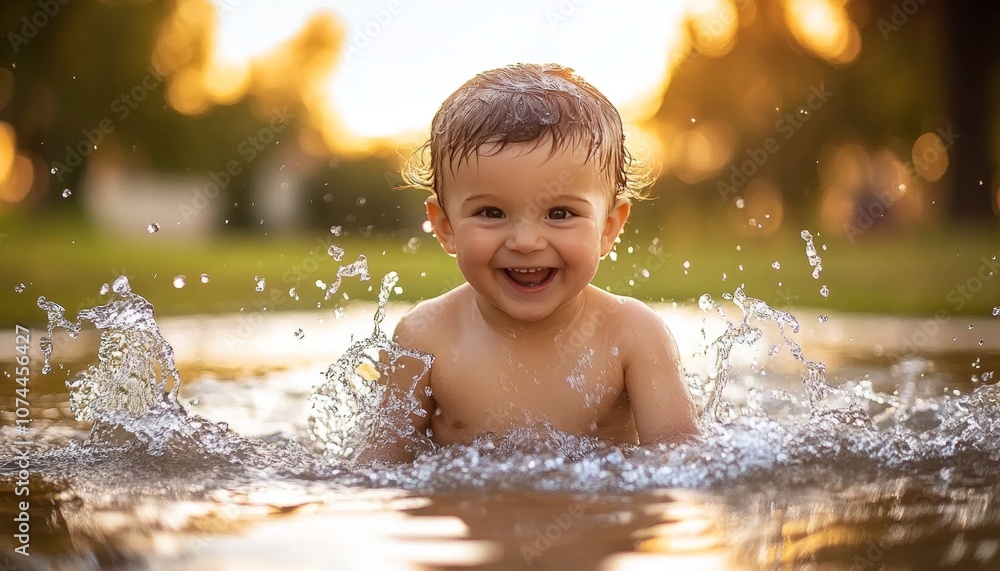 Joyful Little Boy Emerging from Water with Golden Sunset, Summer Fun and Childhood Memories Joyful Little Boy Emerging from Water with Golden Sunset, Summer Fun and Childhood Memories