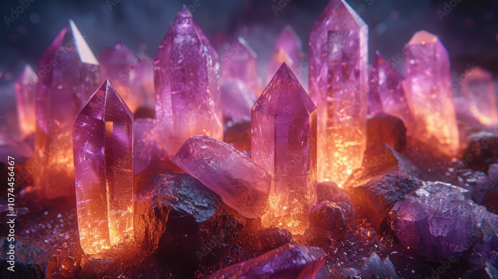 Vibrant Amethyst Crystals Glowing with Enchanting Light on a Dark Background, Evoking a Mystical and Magical Atmosphere in Nature Vibrant Amethyst Crystals Glowing with Enchanting Light on a Dark Background, Evoking a Mystical and Magical Atmosphere in Nature