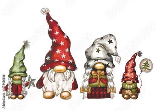 Vector freehand watercolor clipart christmas cute gnomes family. Hand drawn watercolour scandinavian ornament. Design elements for paper, patterns, logos, banners