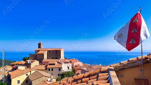 Obraz na płótnie Scenic view of the italian village of Poggio on Elba with Napoleon’s flag w salonie