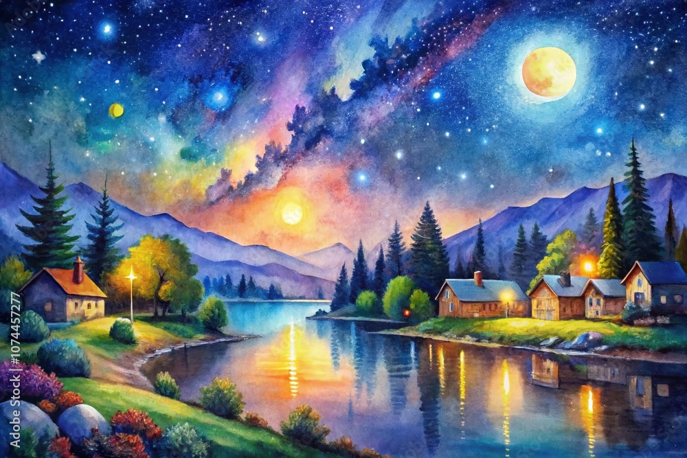 Obraz premium Captivating Night Photography of Pencil Watercolor Art Depicting a Serene Landscape Under the Stars with Soft Lighting and Rich Colors for Artistic Inspiration and Creative Use