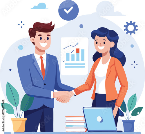 People shaking hands at work - Two businesspeople, man and woman doing handshake in office at work while smiling over business agreement and deal. Flat design stock illustration on white background
