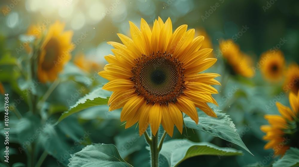 Fototapeta premium Bright and Vibrant Sunflower in a Lush Green Field Captured During Golden Hour, Highlighting the Beauty of Nature and Summer Blooms in Close-Up