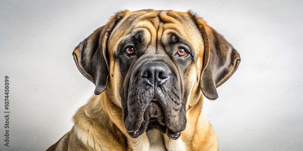 Captivating Portrait of an English Mastiff Isolated on White Background, Showcasing the Strength and Gentle Nature of this Large Mammal Dog Breed in a Studio Setting Captivating Portrait of an English Mastiff Isolated on White Background, Showcasing the Strength and Gentle Nature of this Large Mammal Dog Breed in a Studio Setting