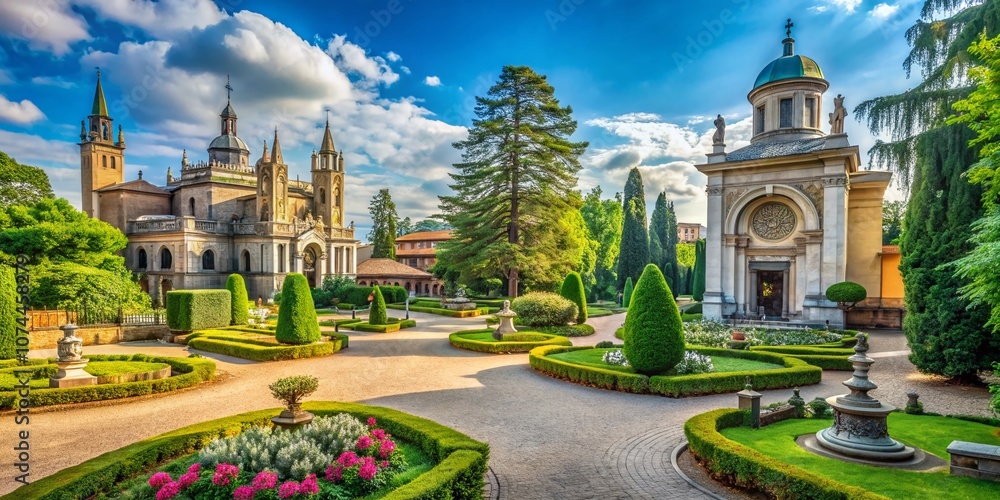 Fototapeta premium Captivating Portrait of the Cimitero Monumentale in Milan, Showcasing Majestic Architecture and Intricate Sculptures Amidst Lush Greenery and Peaceful Pathways