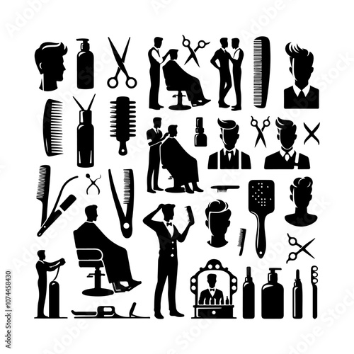 Barber and hairdresser set silhouette vector. Silhouettes of barber's tools on a white background