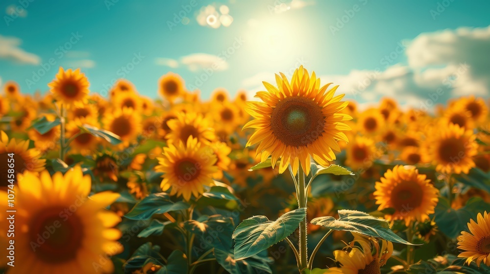 Obraz premium Vibrant Sunflower Field Under Bright Sky with Sunlight Shining on Blooms, Capturing Nature's Beauty and Serenity in a Breathtaking Landscape