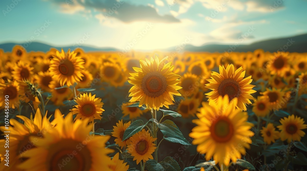 Fototapeta premium Vibrant Sunflower Field Under Golden Light with Blue Sky and Mountains in the Background, Capturing the Essence of Summer Nature's Beauty