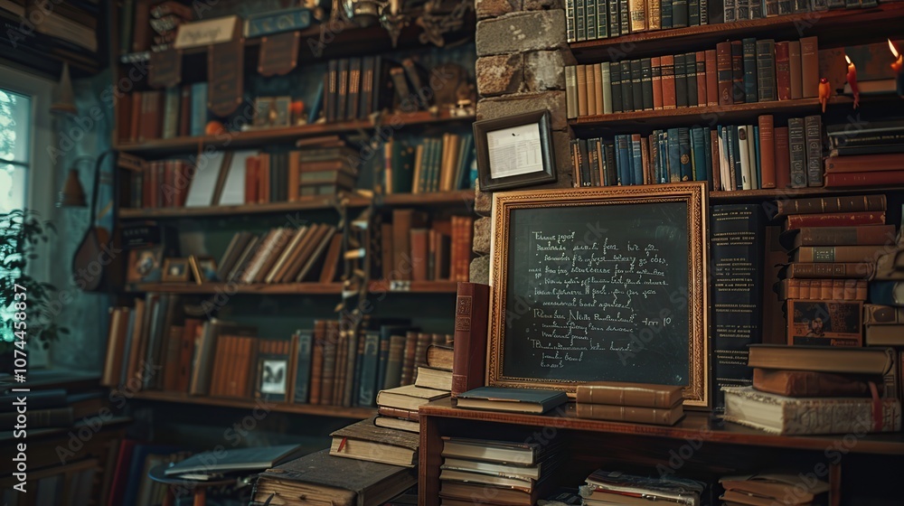 A cozy library with bookshelves filled with books, a chalkboard with a quote, and a window looking out to a garden. A cozy library with bookshelves filled with books, a chalkboard with a quote, and a window looking out to a garden.