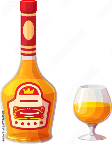 Calvados alcohol bottle and glass for bar drink or beverage, vector cartoon icon. Calvados brandy bottle with label and glass for premium quality alcohol drinks bar menu or party celebration