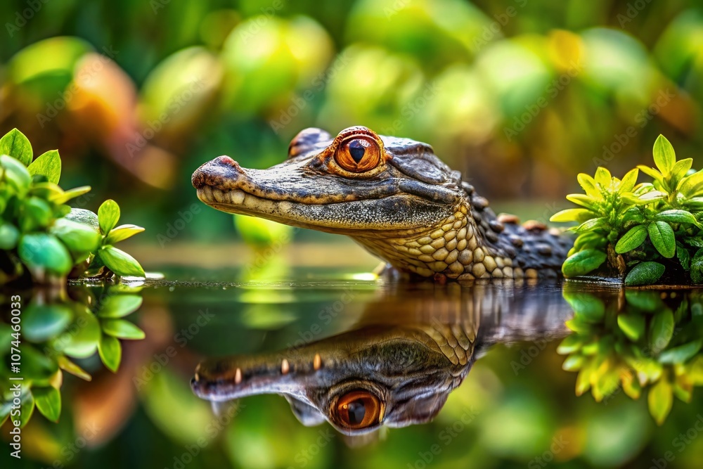 Captivating Tilt-Shift Photography of a Dwarf Caiman Surrounded by Lush Vegetation in a Serene Wetland Environment, Showcasing Its Unique Size and Habitat Dynamics