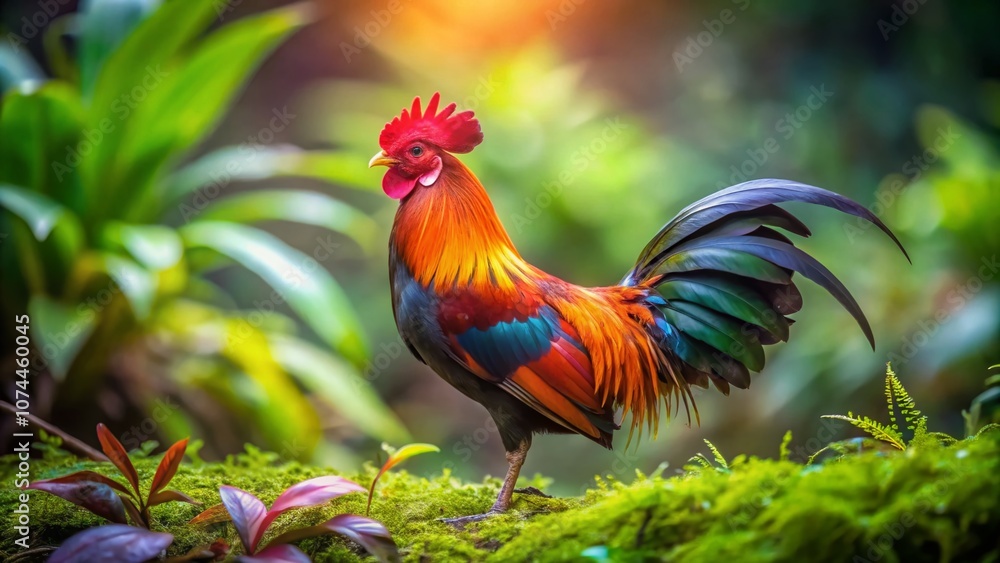 custom made wallpaper toronto digitalCaptivating Tilt-Shift Photography of a Male Red Junglefowl (Gallus Gallus) in a Lush Green Habitat, Showcasing Its Vibrant Plumage and Unique Behavior in Nature