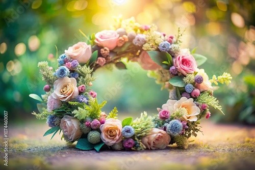 Captivating Tilt-Shift Photography of a Delicate Watercolor Floral Wreath Surrounded by Soft Pastel Hues, Perfect for Invoking Nature's Beauty in Your Designs