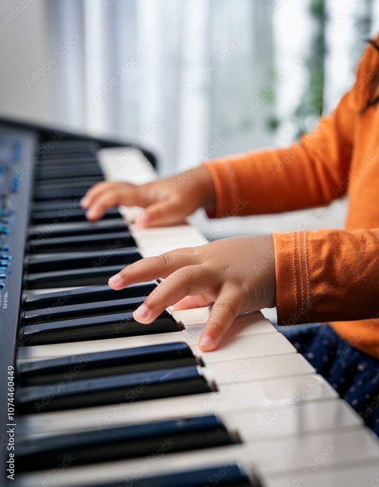 Fototapeta premium Midi keyboard or electronic piano and playing child hands