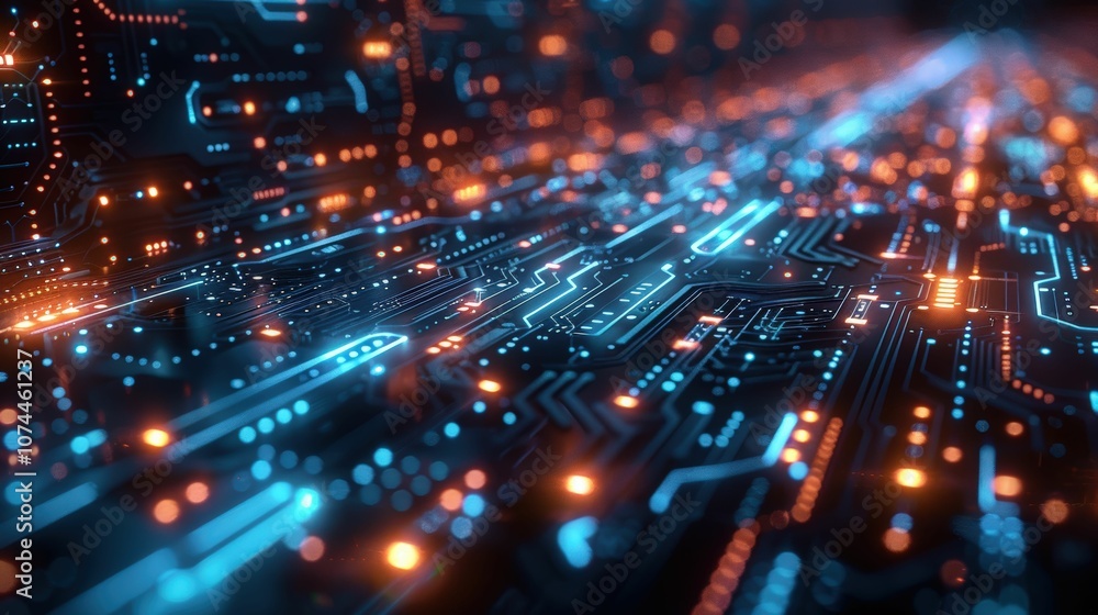 Futuristic Abstract Digital Circuit Board with Glowing Lights, Blue and Orange Color Scheme Representing Technology and Connectivity in Modern Design Futuristic Abstract Digital Circuit Board with Glowing Lights, Blue and Orange Color Scheme Representing Technology and Connectivity in Modern Design
