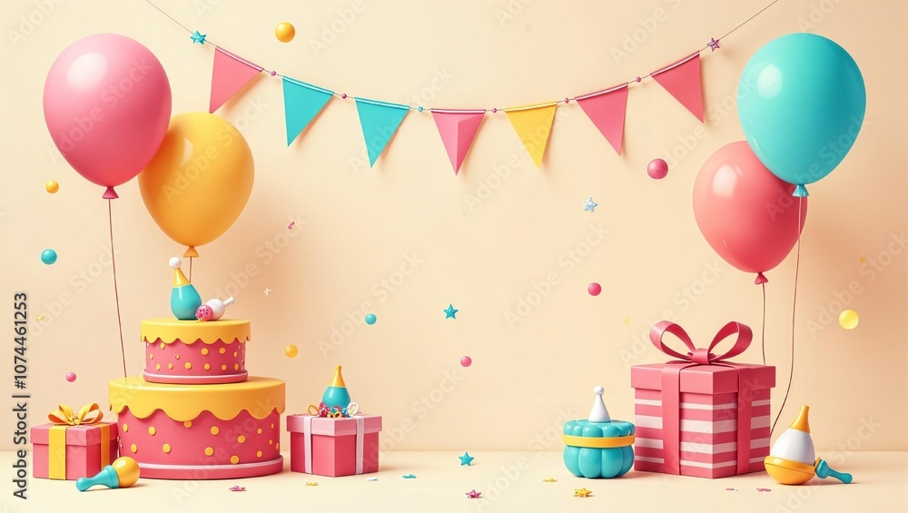 Party background. Collection of colorful objects on the theme of anniversary and birthday. Set of festive decorative design elements for a party in realistic 3D cartoon style. Party background. Collection of colorful objects on the theme of anniversary and birthday. Set of festive decorative design elements for a party in realistic 3D cartoon style.