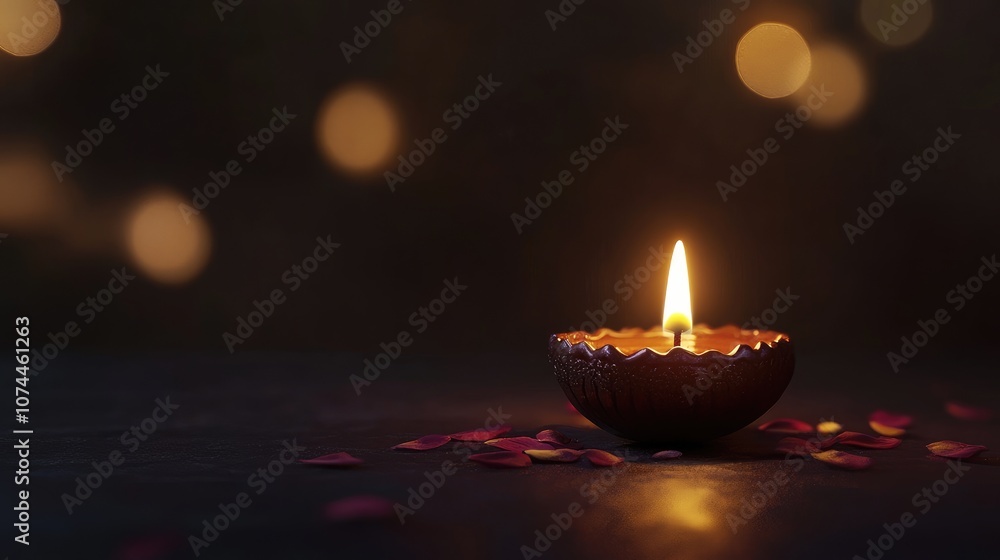 A Single Candle Flame Illuminating Rose Petals on a Dark Surface A Single Candle Flame Illuminating Rose Petals on a Dark Surface