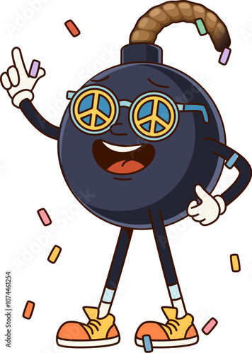 Cartoon hippie bomb groovy funny character. Dynamite, bomb or explosive funny funky isolated vector personage. Grenade with wick comical groovy character wearing sunglasses with hippie peace symbol