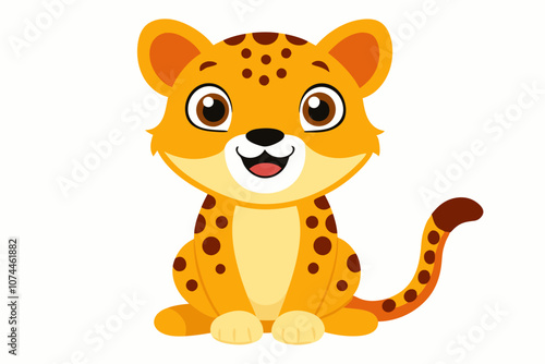 Adorable cartoon cheetah sitting with a happy smile.