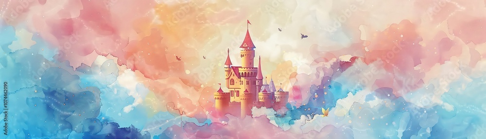 Obraz premium A whimsical minimal watercolor drawing of a vibrant-colored train chugging through a cute