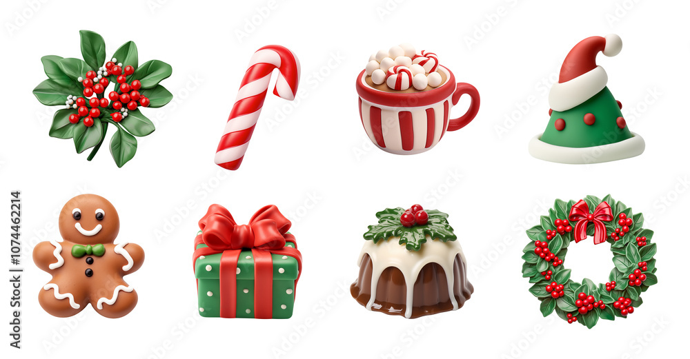 Fototapeta premium Christmas Decorations and Treats Set with Candy Cane, Wreath, Gingerbread, and Gifts