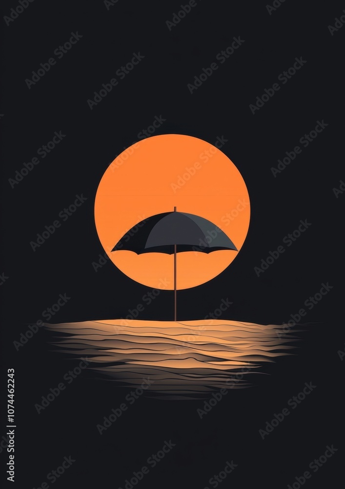 A black and orange image of a beach scene with a black umbrella on the sand A black and orange image of a beach scene with a black umbrella on the sand