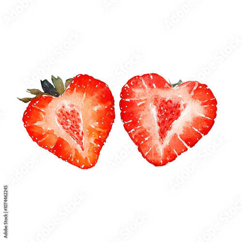 Two watercolor heart shaped strawberries on isolated background