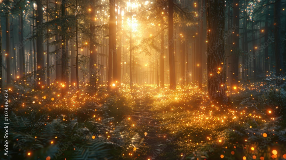 Naklejka premium Enchanted Forest with Glowing Particles and Sunlight Streaming Through Trees, Capturing a Magical Atmosphere in Nature