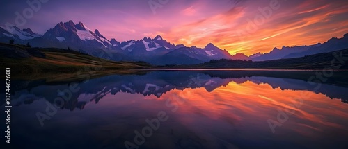 Sunset Glow Over Calm Mountain Lake with Stunning Reflections