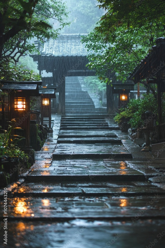 A peaceful temple courtyard in the rain, lanterns glowing softly, and puddles collecting on the ground. A peaceful temple courtyard in the rain, lanterns glowing softly, and puddles collecting on the ground.