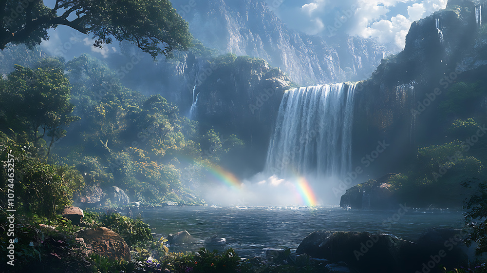 Fototapeta premium A serene moment at a lesser-known waterfall, where locals gather to relax and enjoy nature, with a rainbow visible in the mist 