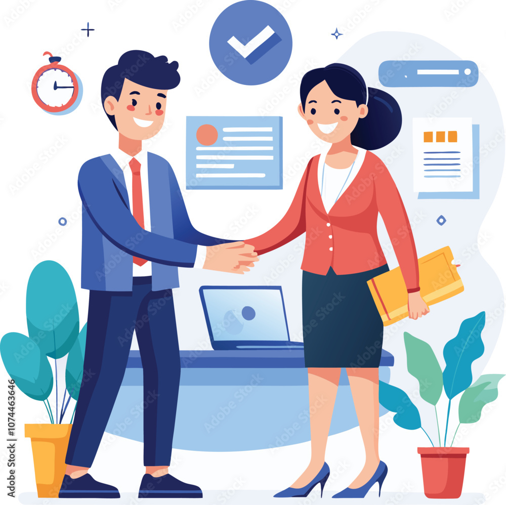 People shaking hands at work - Two businesspeople, man and woman doing handshake in office at work while smiling over business agreement and deal. Flat design stock illustration on white background People shaking hands at work - Two businesspeople, man and woman doing handshake in office at work while smiling over business agreement and deal. Flat design stock illustration on white background