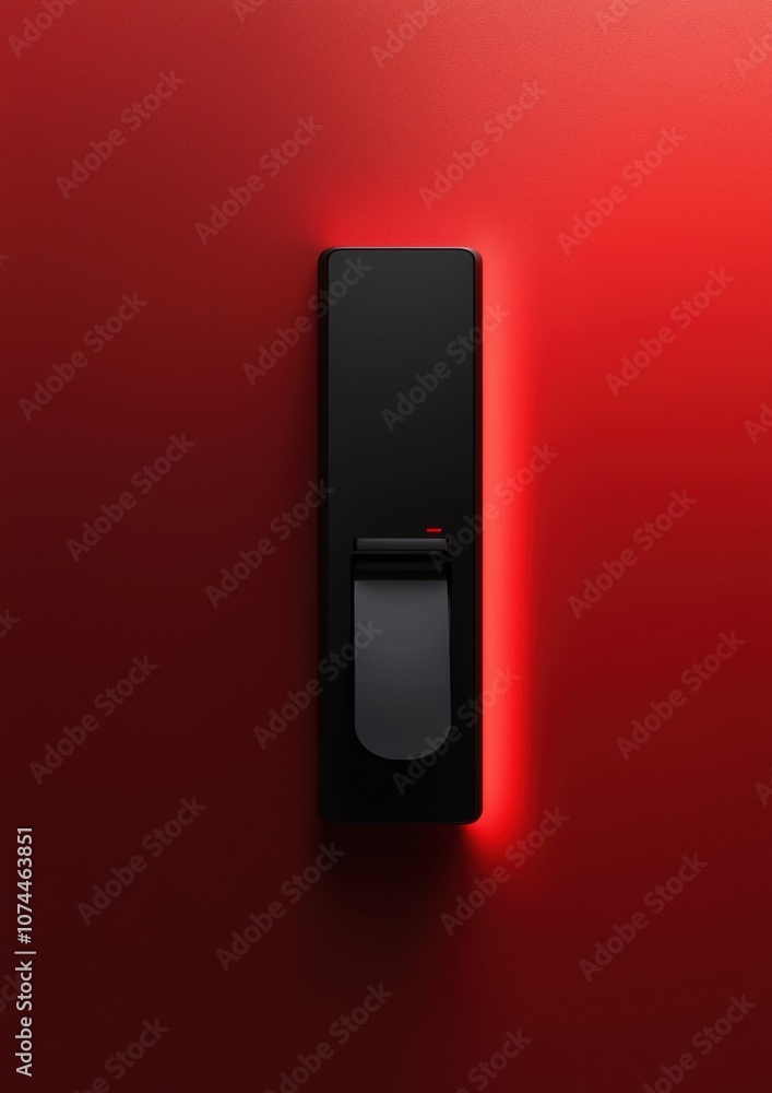 A black remote control with a red light on it A black remote control with a red light on it
