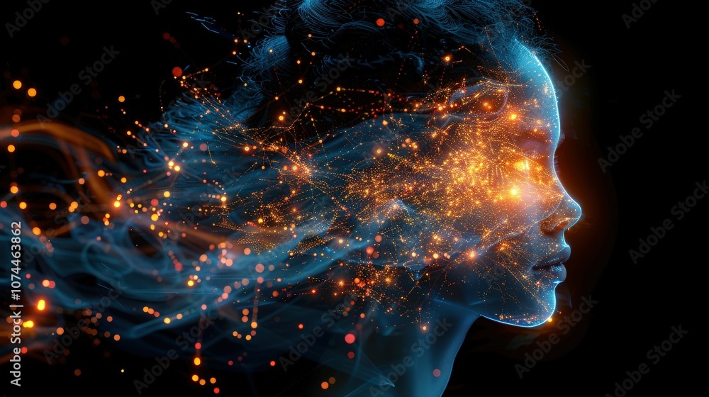 Ethereal Portrait of a Woman with Glowing Particles and Energetic Streams Illustrating Connection Between Technology and Humanity in Digital Art Ethereal Portrait of a Woman with Glowing Particles and Energetic Streams Illustrating Connection Between Technology and Humanity in Digital Art