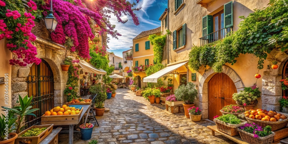 Fototapeta premium Charming Mediterranean Village Scene with Colorful Houses, Olive Trees, and Vibrant Local Market Stalls Featuring Fresh Produce and Traditional Mediterranean Cuisine