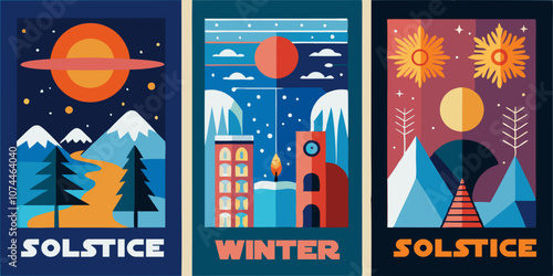 Colorful winter solstice and summer solstice graphic poster for seasonal celebrations