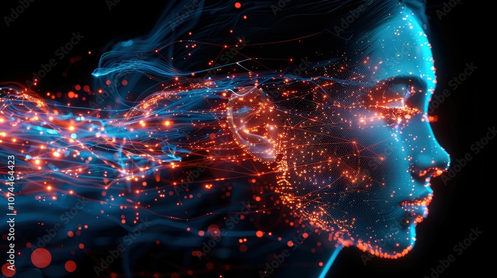 Ethereal Portrait of a Woman with Flowing Lights and Particles Creating a Digital Aura, Symbolizing Technology and Innovation in Art and Science Ethereal Portrait of a Woman with Flowing Lights and Particles Creating a Digital Aura, Symbolizing Technology and Innovation in Art and Science