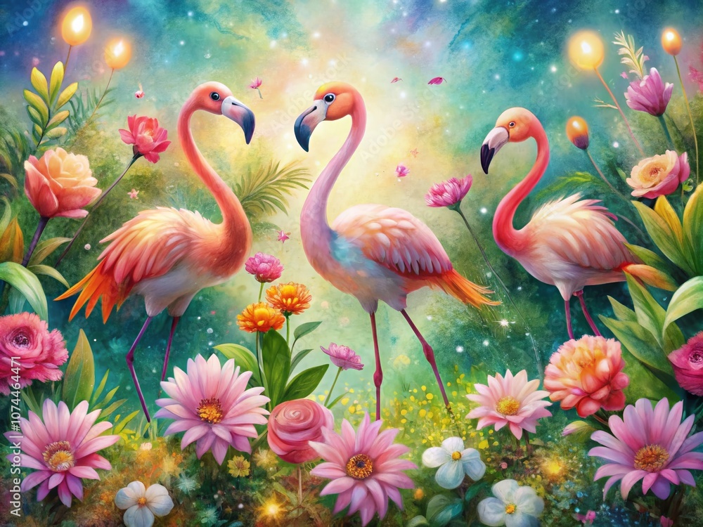 Obraz premium Charming Watercolor Illustration of Cute Cartoon Flamingos Surrounded by Vibrant Flowers with Bokeh Effect for a Whimsical and Colorful Design Aesthetic