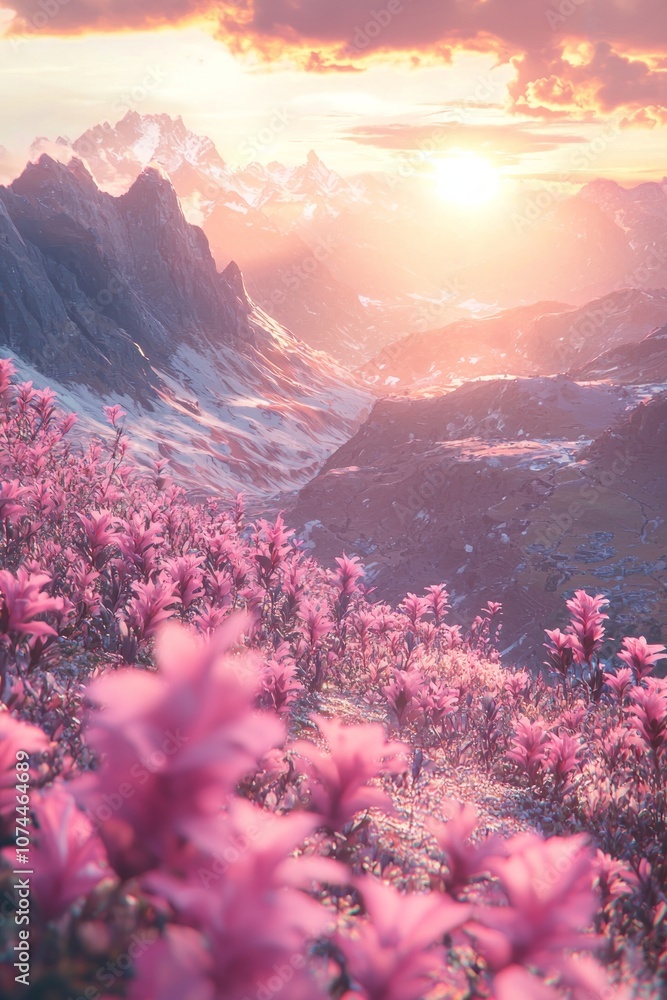 A mountain landscape with pink flowers and a dramatic sunset A mountain landscape with pink flowers and a dramatic sunset