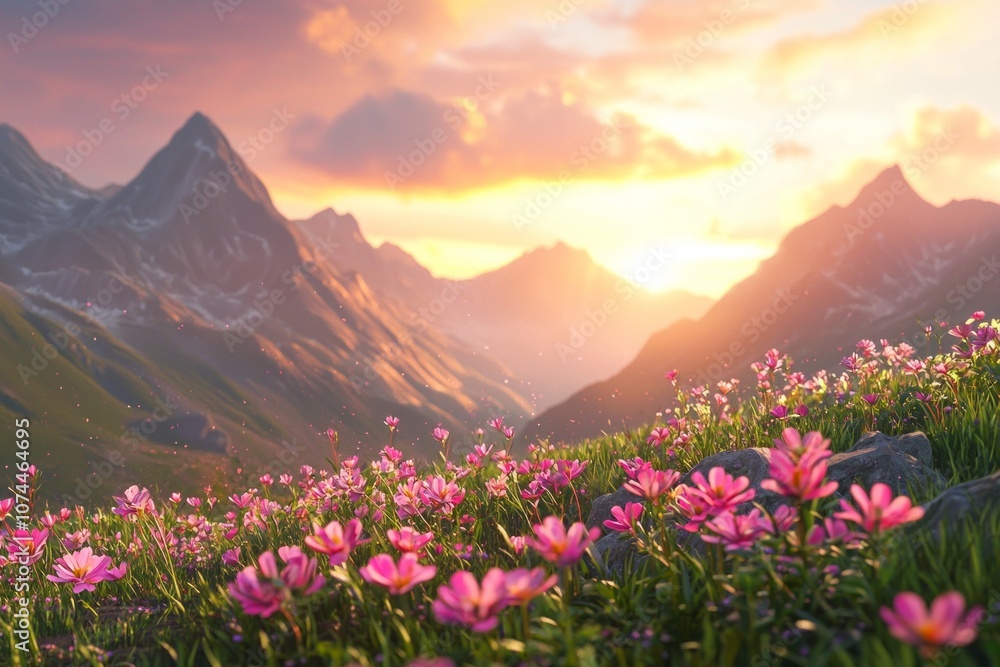 A mountain landscape with pink flowers and a dramatic sunset A mountain landscape with pink flowers and a dramatic sunset