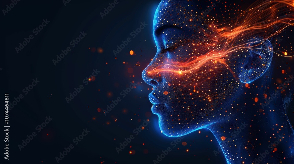 Vibrant Futuristic Portrait of a Woman in Profile with Neon Lights, Sparkles, and Abstract Patterns Representing Technology and Digital Innovation Vibrant Futuristic Portrait of a Woman in Profile with Neon Lights, Sparkles, and Abstract Patterns Representing Technology and Digital Innovation