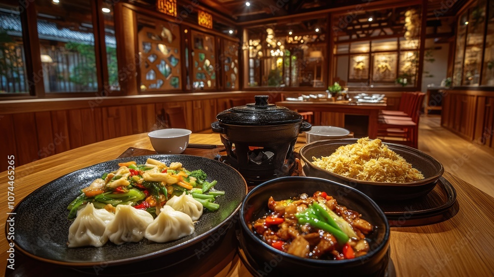 Traditional Chinese food setup with plates of dumplings, fried rice, and vegetable stir-fry, reflecting a cozy and authentic meal. Traditional Chinese food setup with plates of dumplings, fried rice, and vegetable stir-fry, reflecting a cozy and authentic meal.