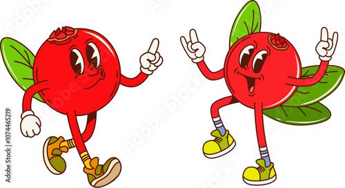 Cartoon retro groovy cranberry fruit characters with funny faces, vector comic emoji. Groovy cranberry berries with funky happy smile and ILY I Love You sign gesture for retro cartoon fruit characters