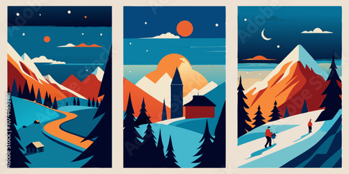 Winter adventure in vibrant alpine landscapes - triptych design for print, card, poster