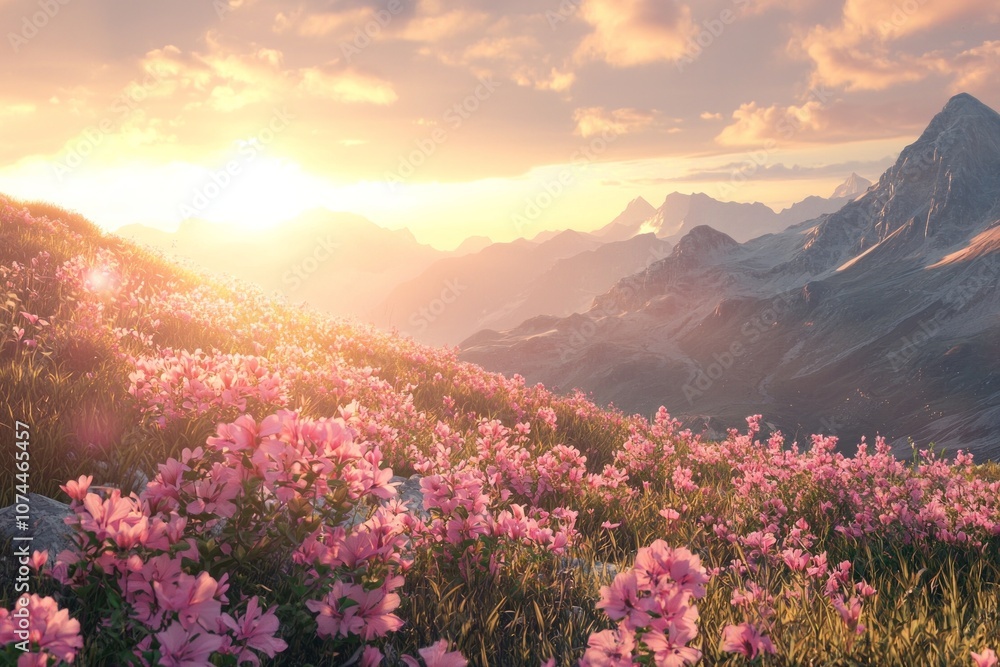 Fototapeta premium A mountain landscape with pink flowers and a dramatic sunset