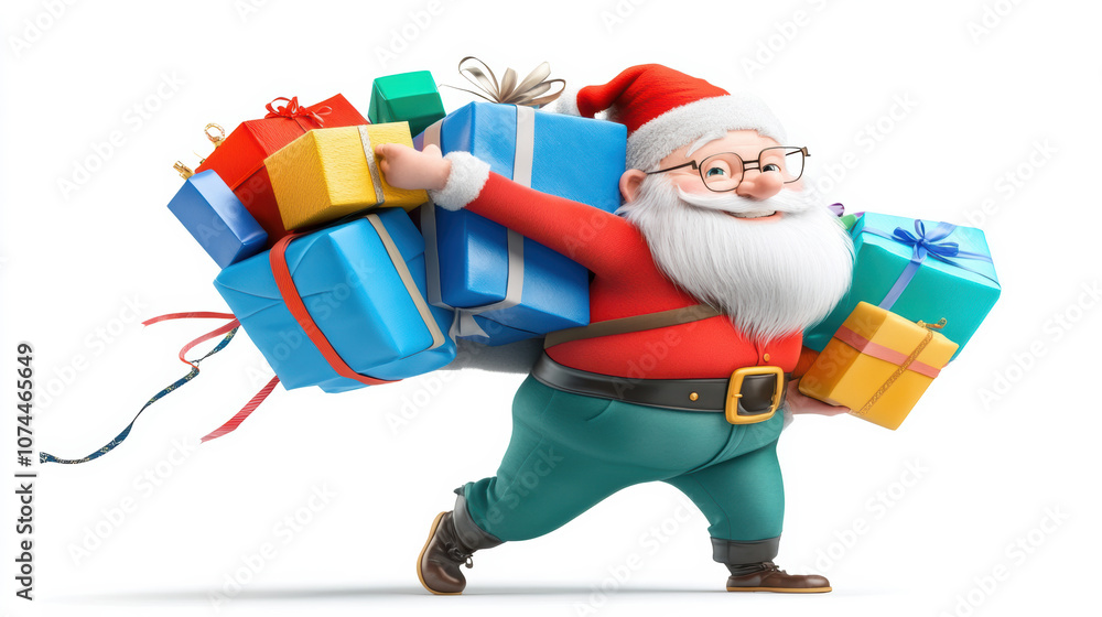 Santa Claus 3d cartoon holding balancing stack of gift for Christmas and New year festival.
