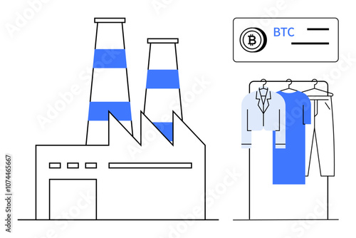 Factory with two smoking chimneys, alongside a rack of clothes indicating retail operation and a Bitcoin BTC payment symbol. Ideal for industry, retail, technology, cryptocurrency, ecommerce, modern