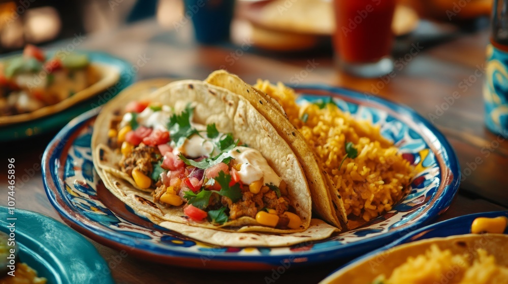 Two tacos filled with ground beef, cheese, tomatoes, onions, and cilantro, served with rice on a blue and white plate. Two tacos filled with ground beef, cheese, tomatoes, onions, and cilantro, served with rice on a blue and white plate.